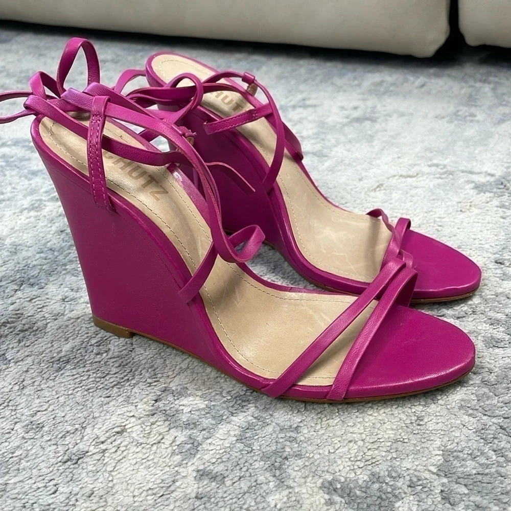 New Schutz Deonne Casual Nappa Leather Sandal Fuchsia Pink Wedge Wrap Sz 7